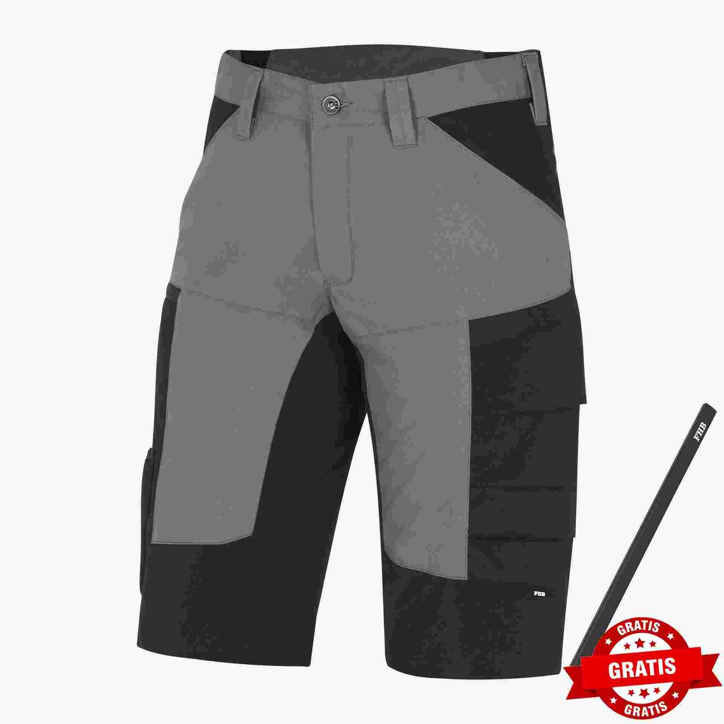 FHB Kim Stretch Bermuda Arbeitshorts Grau/Schwarz 125200 + gratis Zimmermannsbleistift