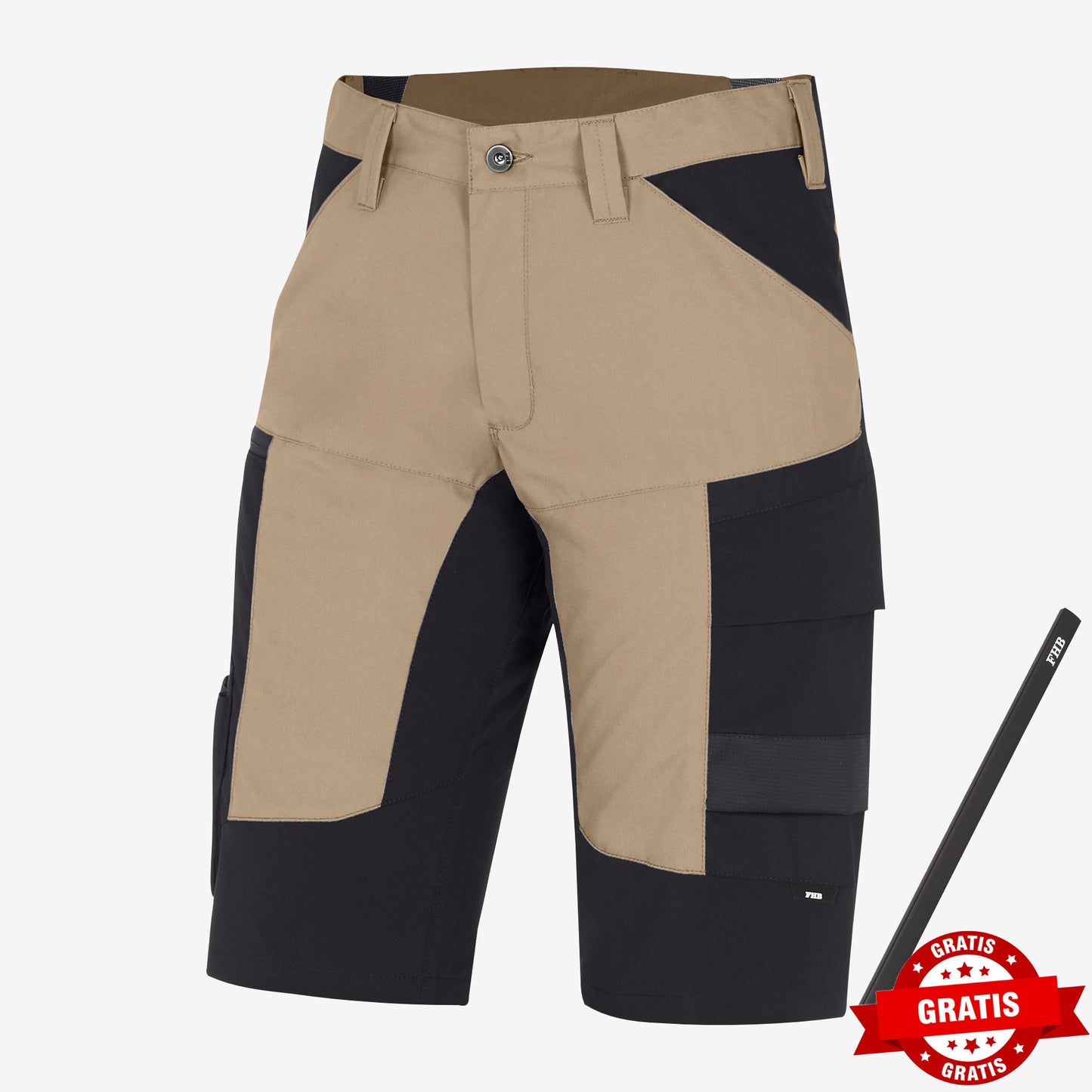 FHB Kim Stretch Bermuda Arbeitshorts Beige/Schwarz 125200 + gratis Zimmermannsbleistift