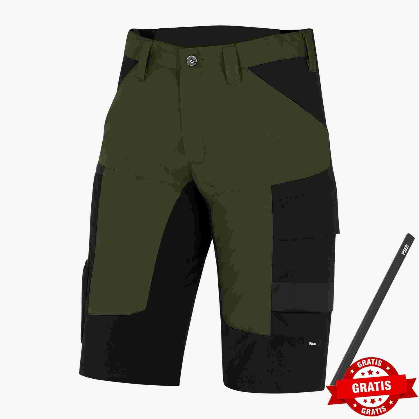 FHB Kim Stretch Bermuda Arbeitshorts Oliv/Schwarz 125200 + gratis Zimmermannsbleistift