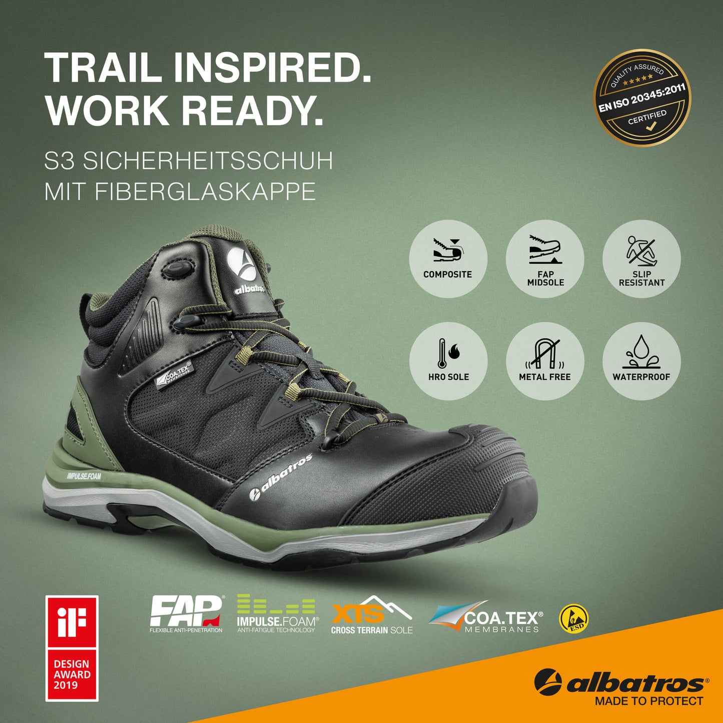 Albatros Ultratrail CTW Mid Sicherheitsstiefel S3 ESD Schwarz/Oliv 636220