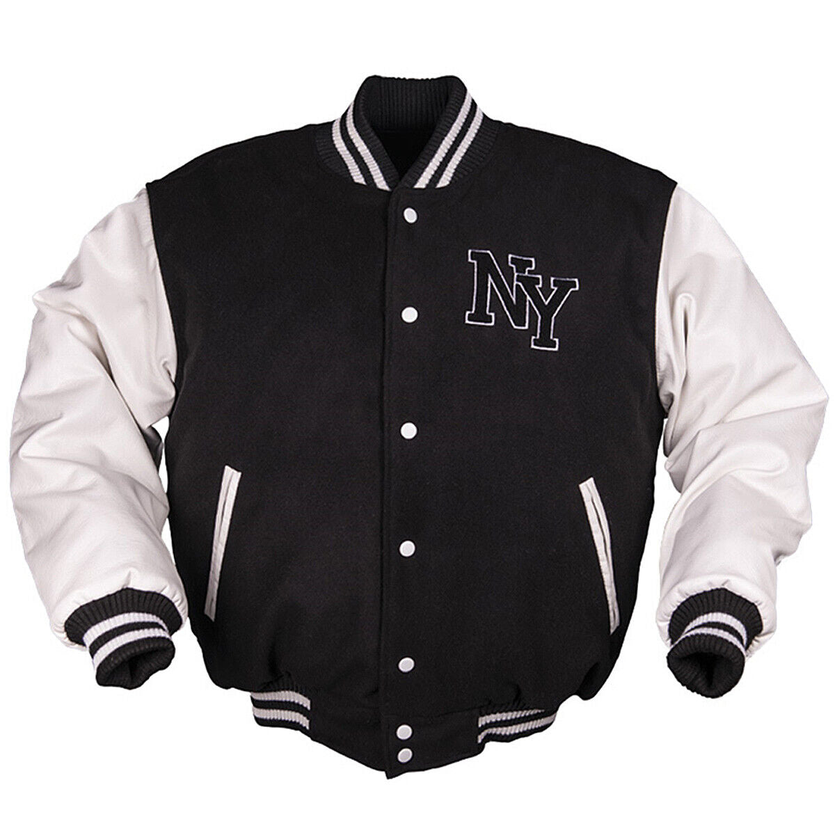 NY Baseballjacke Collegejacke mit Kunstlederärmeln Schwarz/Weiß 10370002