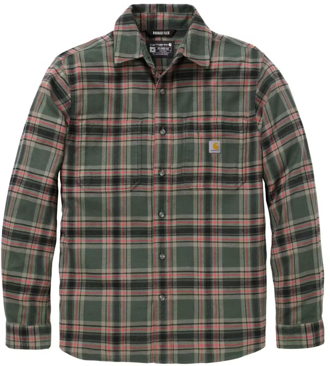 Carhartt Hamilton Herren Flanellhemd Grün/Rot/Schwarz 107010 – Rugged Flex Relaxed Fit Karohemd